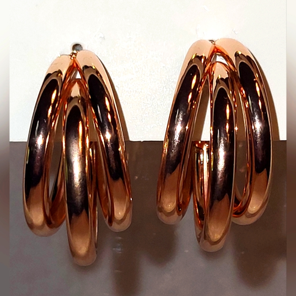 Casual Triple Design Rose Gold Hoop Post Back Earrings